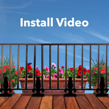 Load and play video in Gallery viewer, Install video for PlantTraps railing planter. Slide under railing to extend the ledge. Place planter. Stake thru PlantTrap into the soil of the plant.
